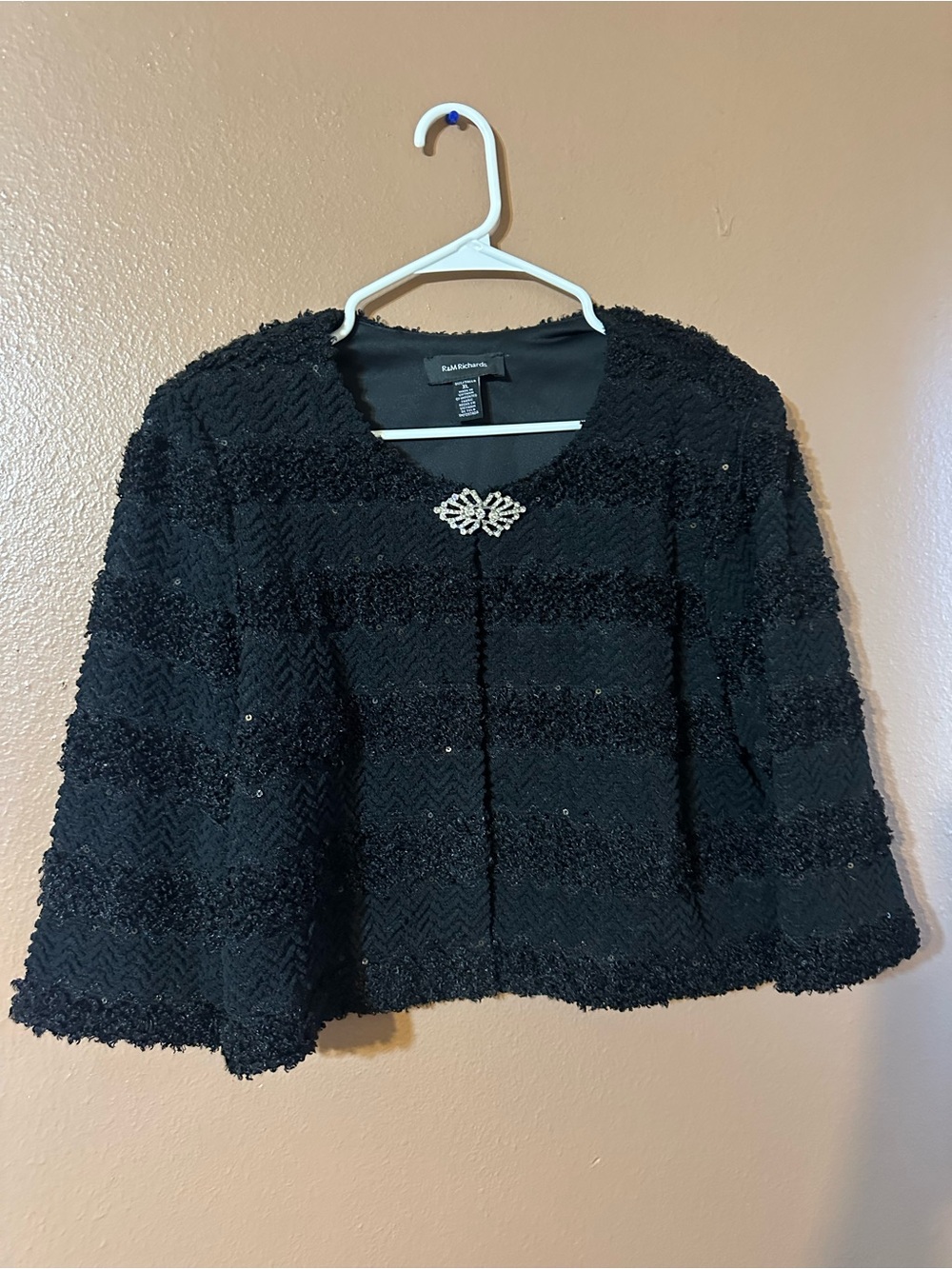 R&M Richards Black Textured Sequin Short Jacket with Decorative Clasp